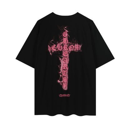Chrome Hearts Black Base Pink Flame Cross T-shirt P65