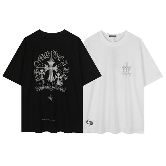 Chrome Hearts Reflective Silver-Grey Floral Cross Vintage Washed T-shirt 2626