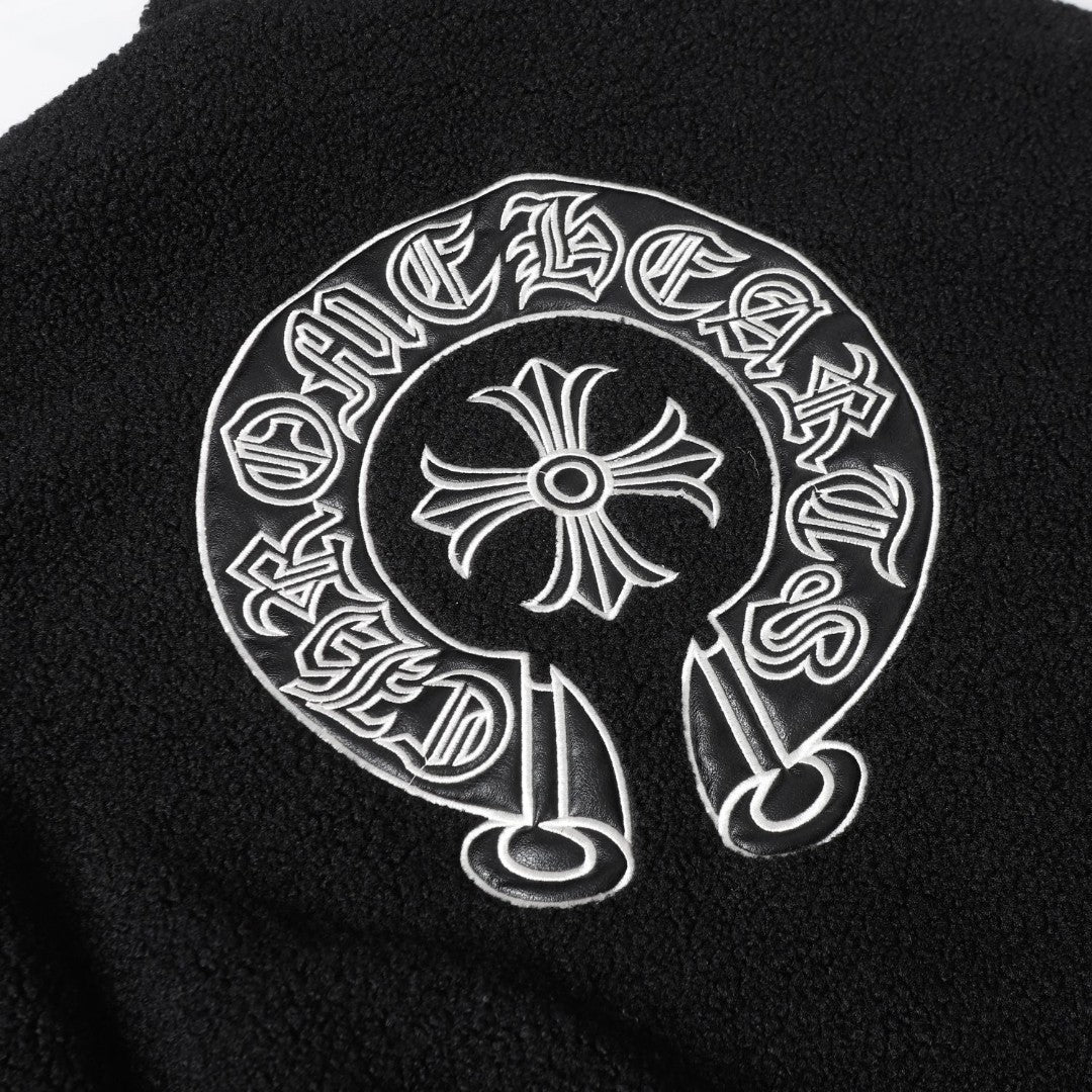 Horseshoe Embroidered Sherpa Jacket - Black Cream Gothic Coat 825